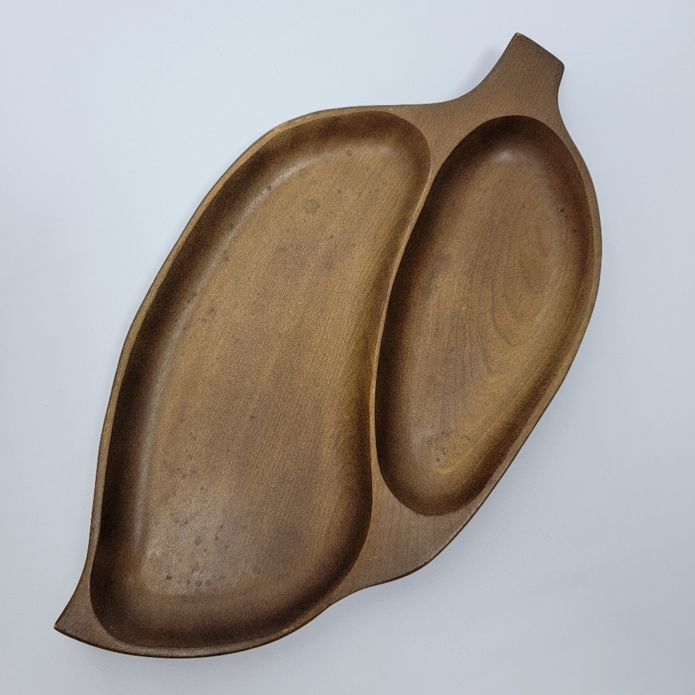 Vintage Wooden Leaf Plate Two Compartment Serving Tray 13½"×7"